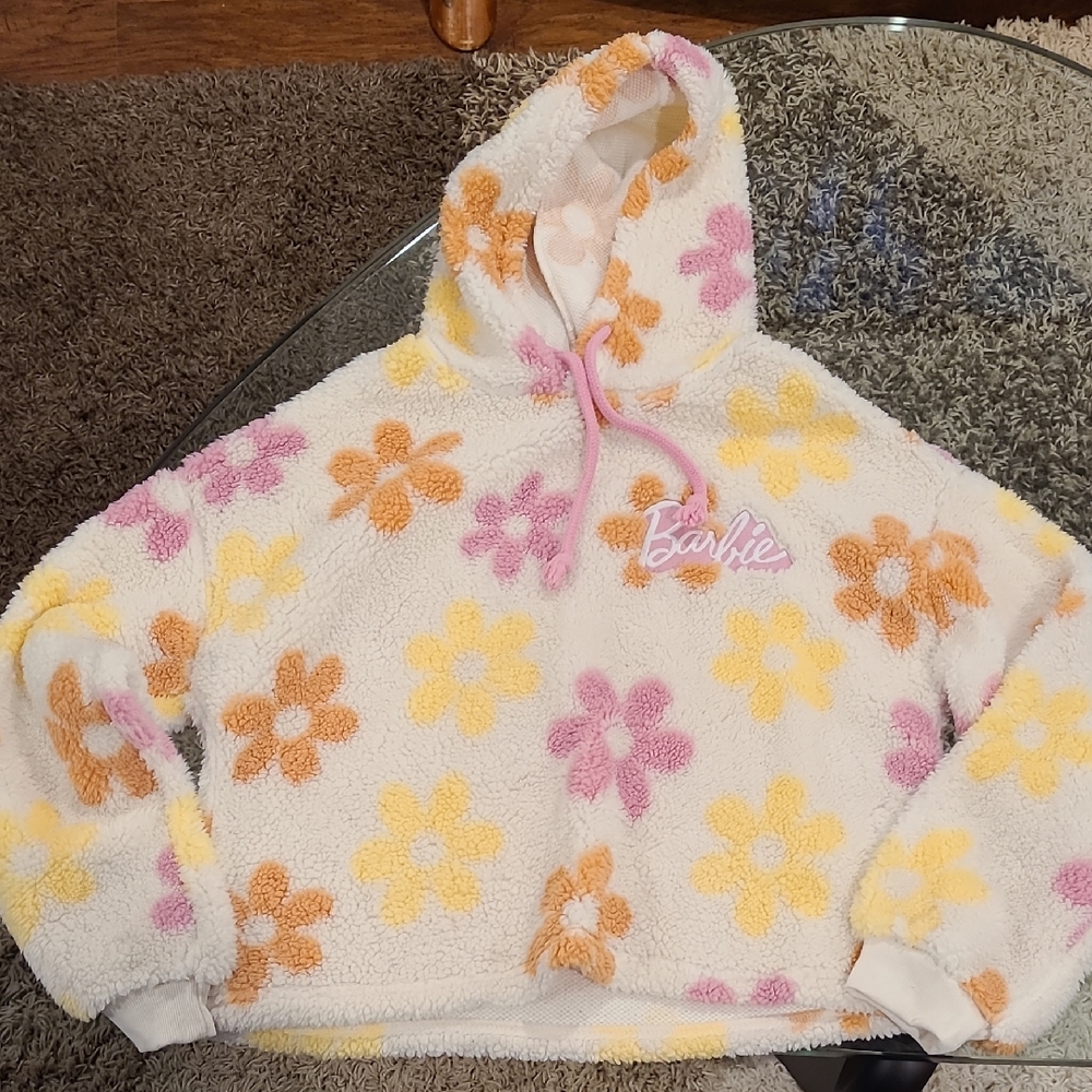 Barbie Floral Sherpa Cropped Hoodie - Cream, Pink, Yellow, Orange NWOT